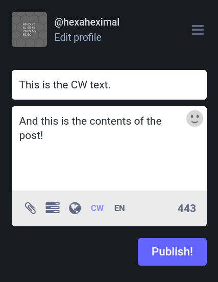 A screenshot of the Mastodon compose box, showing a content warning and post contents