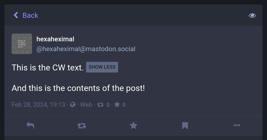 A screenshot of a Mastodon post, showing a content warning and post contents