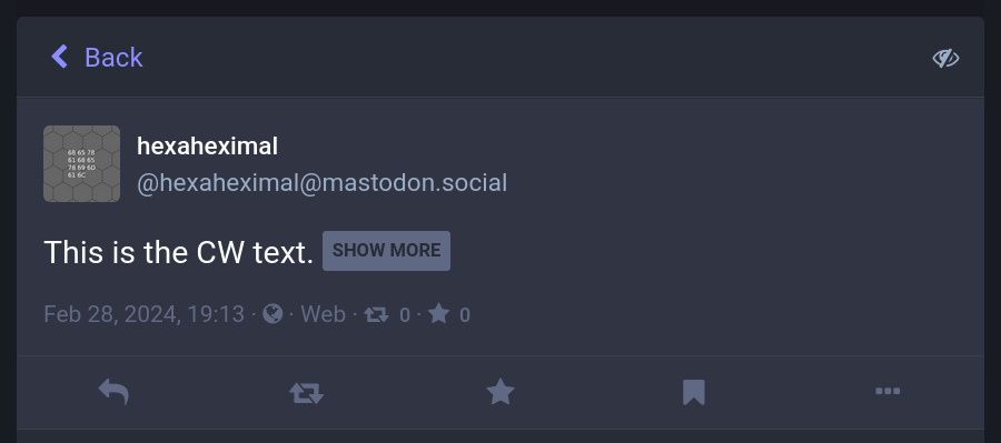A screenshot of a Mastodon post, showing a content warning and the "Show more" button