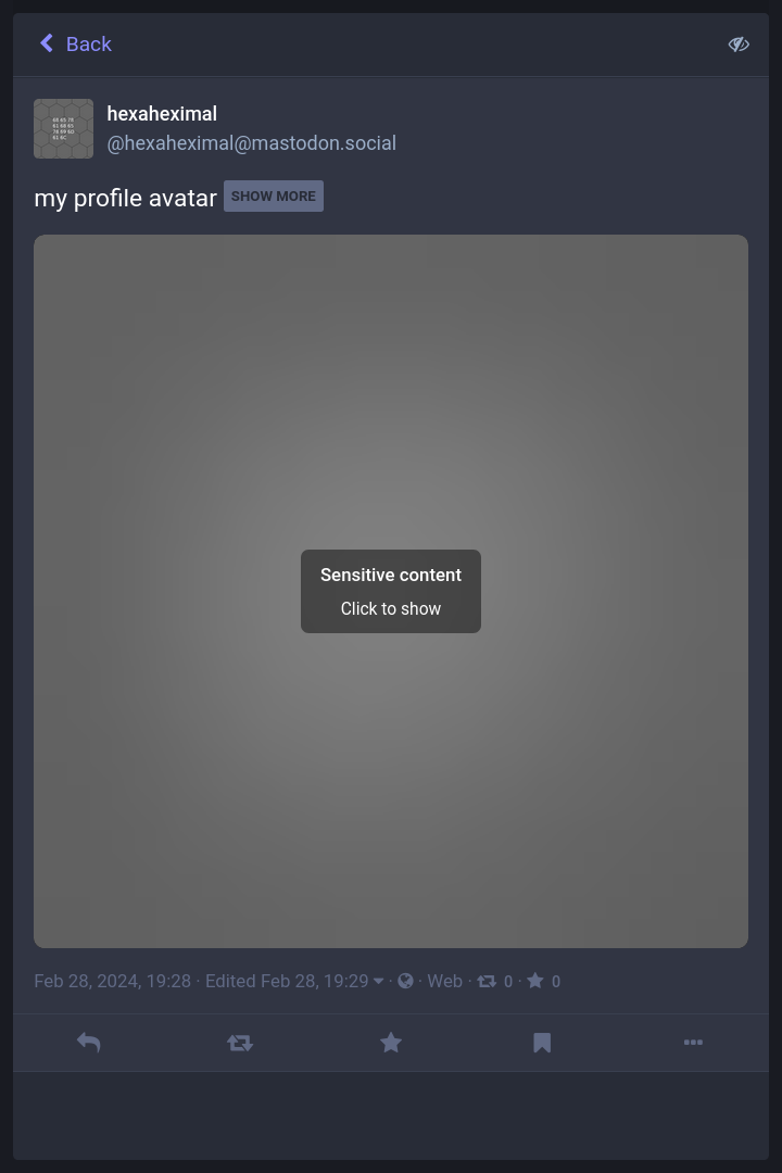 A screenshot of a Mastodon post, showing a content warning, the "Show more" button, and an image marked as sensitive