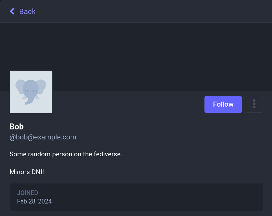 A screenshot of a Mastodon profile with text in their about me section, which contains the text "Minors DNI!"